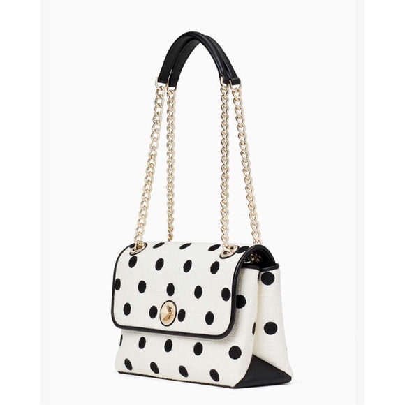 KATE SPADE Black & White Polka Dot Textured Natalia Chain Strap Flap Satchel Bag - Picture 13 of 17